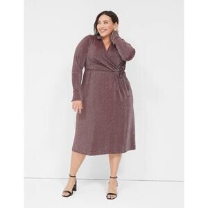 Lane Bryant Womens Dress Sz 14 16 Deep Cranberry Lurex Faux Wrap Collar Midi NEW